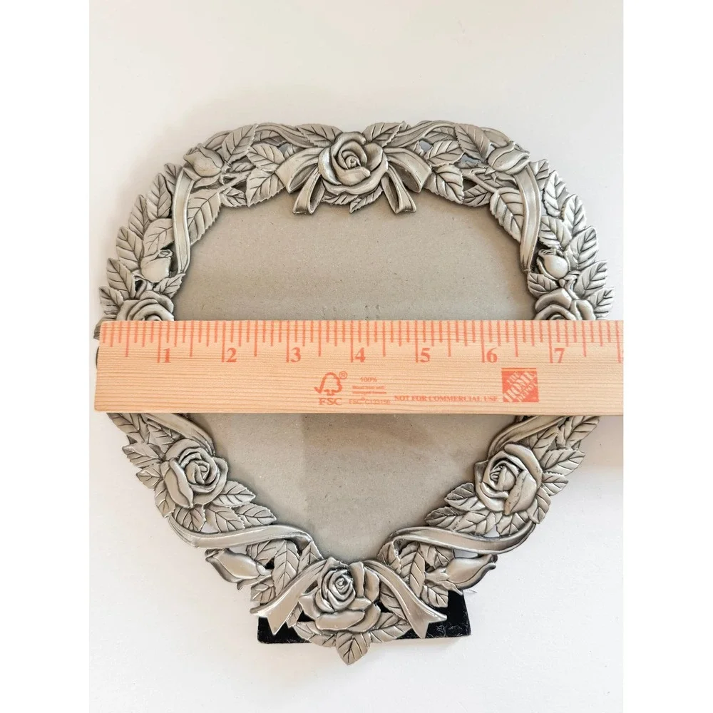 Vintage MT Heart Shaped Pewter Tone Rose Floral Ribbon Picture Frame 7.5x7.5